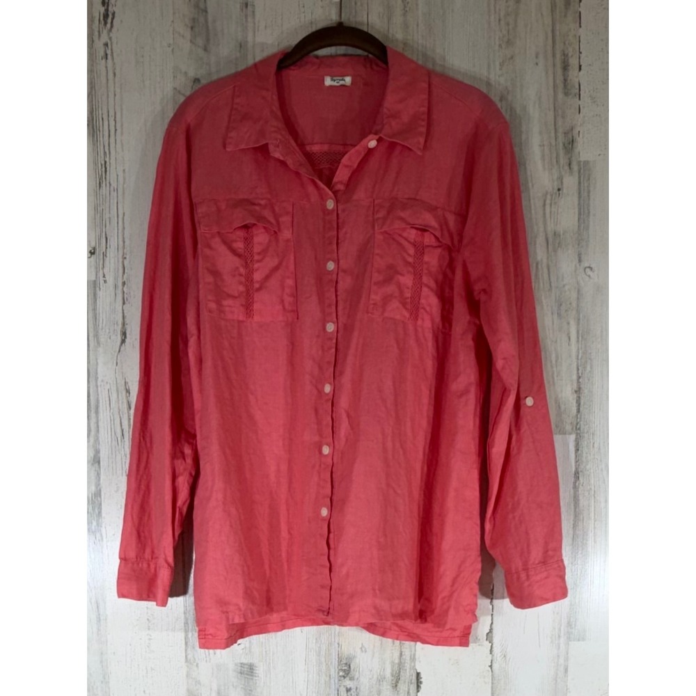 Symple NYC Linen Button Down‎ Size Large Coral Pink Roll Tab Sleeve Side Vents